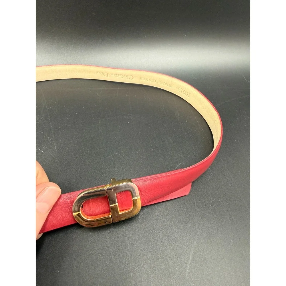 Vintage 80's CHRISTIAN DIOR Red Leather Belt Two-Toned CD Buckle Silver and Gold